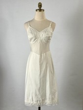 Vtg 50s 60s Full Slip Dress 34" Bust Embroidered Bows Lace Trim Elastic Cream