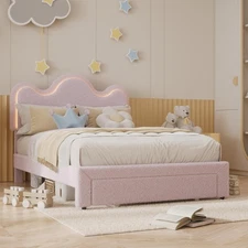 Full Boucle Bed Frame w/Flower Headboard Upholstered LED Platform Bed Frame Girl