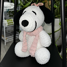 Handmade Snoopy Crochet Plush, Winter Pink Scarf  Bow