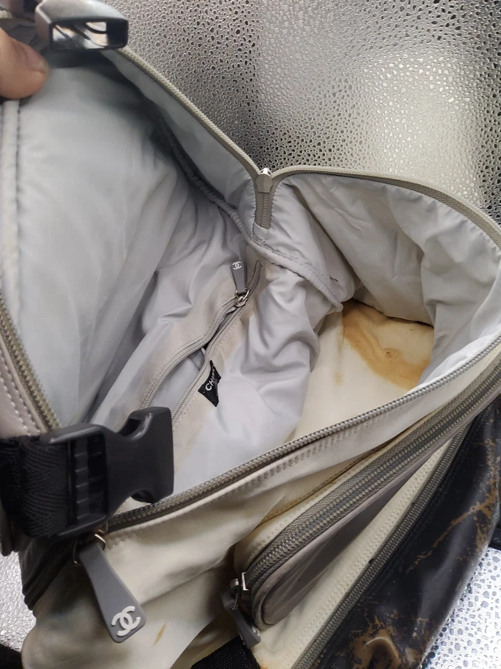 Chanel white nylon black&gray spott line backpack.v8ntage,old,very used.As is - Image 4 of 4