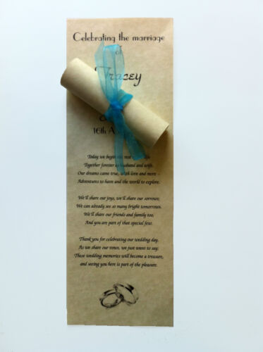 60 Personalised PARCHMARQUE Wedding Favour Scrolls with organza ribbons PWR60 - Afbeelding 1 van 10