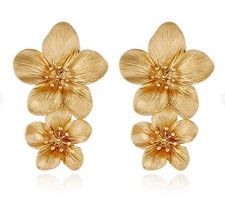 Gold double flower earrings, stacked flowers earrings, gold statement earrings