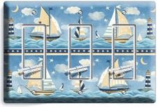 NAUTICAL BABY NURSERY SAILBOATS TRIPLE GFCI LIGHT SWITCH WALL PLATES HOUSE DECOR