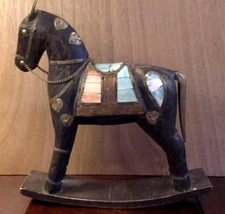 Rocking Horse Sculpture Inlaid and Brass on Wood Figure NEEDS REPAIR
