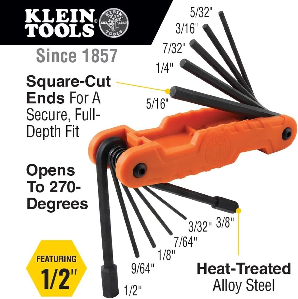 Klein Tools 70550 Hex Wrench Key Set, 11 SAE Sizes, Heavy Duty Folding Allen Wre - Image 2 of 4