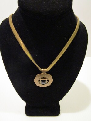 Baer SF Gold Tone Metal Pendant Necklace w Black Faux Stone