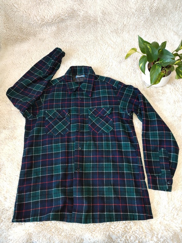 Pendleton Board Shirt L Shadow Plaid Wool Loop Collar Flap Pocket Vintage 
