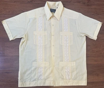 VTG Haband Guayabera Yellow Shirt Large Short Sleeve Cuban Pockets Embroidered - Image 1 of 4