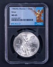 1986-Mo Mexico Libertad 1 Onza 1oz .999 Fine Silver MS65 NGC (Black Core) RB087