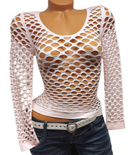 Netzshirt Partyshirt Netz Cropped Shirt Oberteil Langarm GoGo Club Top Rosa34 36