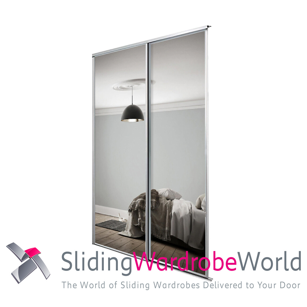 spacepro Sliding Wardrobe Doors, White Frame Mirror, 226cm x 180.3cm 15 SpacePro Sliding Wardrobe Door Kits & Tracks (All sizes) - SILVER FRAMED MIRROR