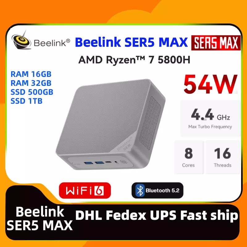 Beelink SER5 MAX 5800H Mini PC,AMD Ryzen 7,32GB DDR4 RAM 1TB NVMe M.2  SSD,Triple 4K 60Hz Display,1000Mbps Ethernet 