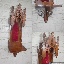 Antigua consola de pared francesa neogótica tallada en madera nicho capilla religiosa