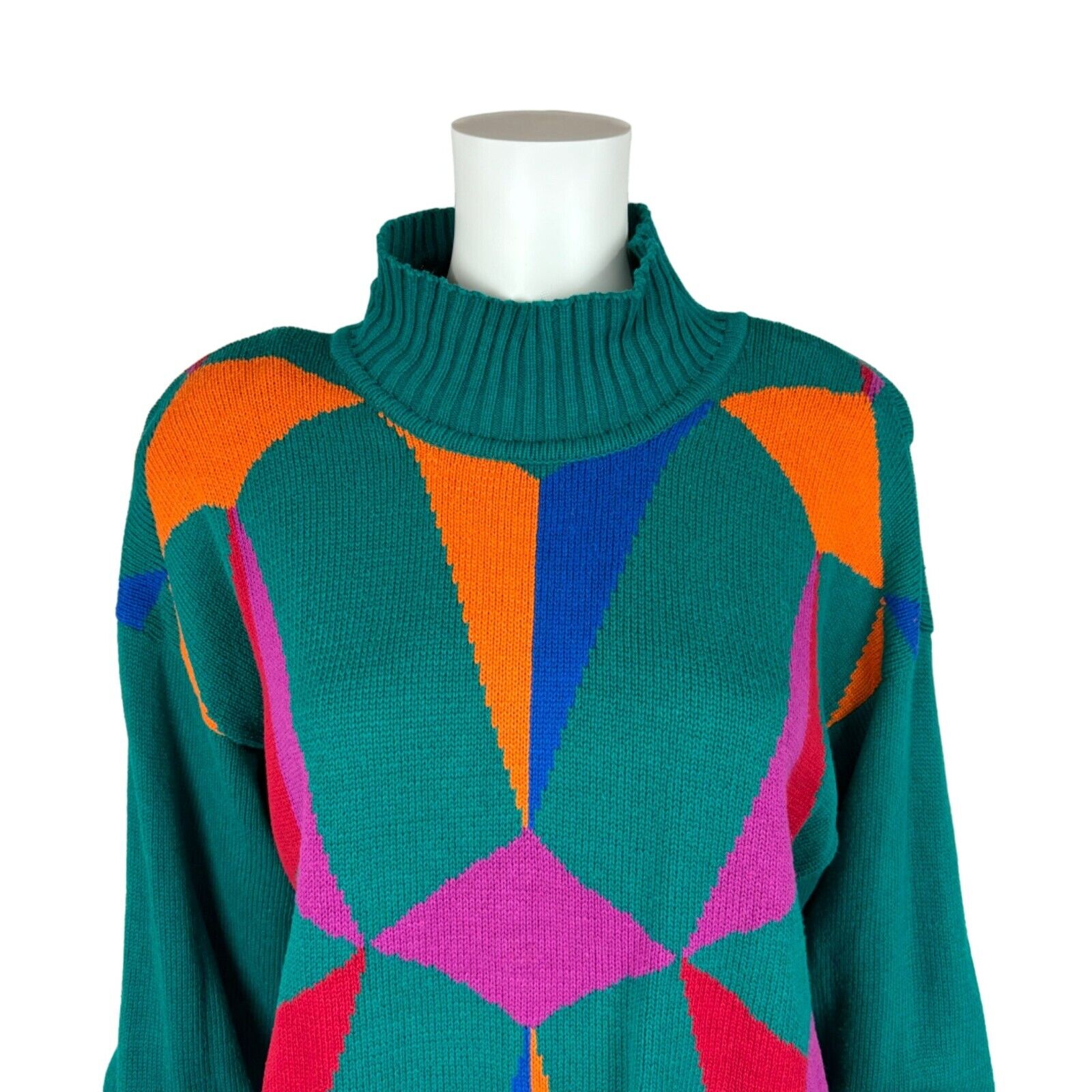 Vintage 90s Teal Sweater Bold Turtleneck Oversize… - image 2
