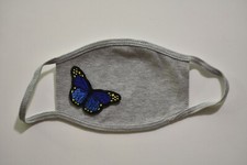 Dark Blue Butterfly Design Patch on Grey Dual Layer Cotton Washable Face Mask