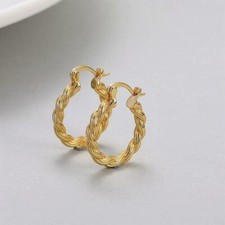 Shiny Gold Plated 925 Sterling Silver Twist Rope Hoop Earrings Chic Classic