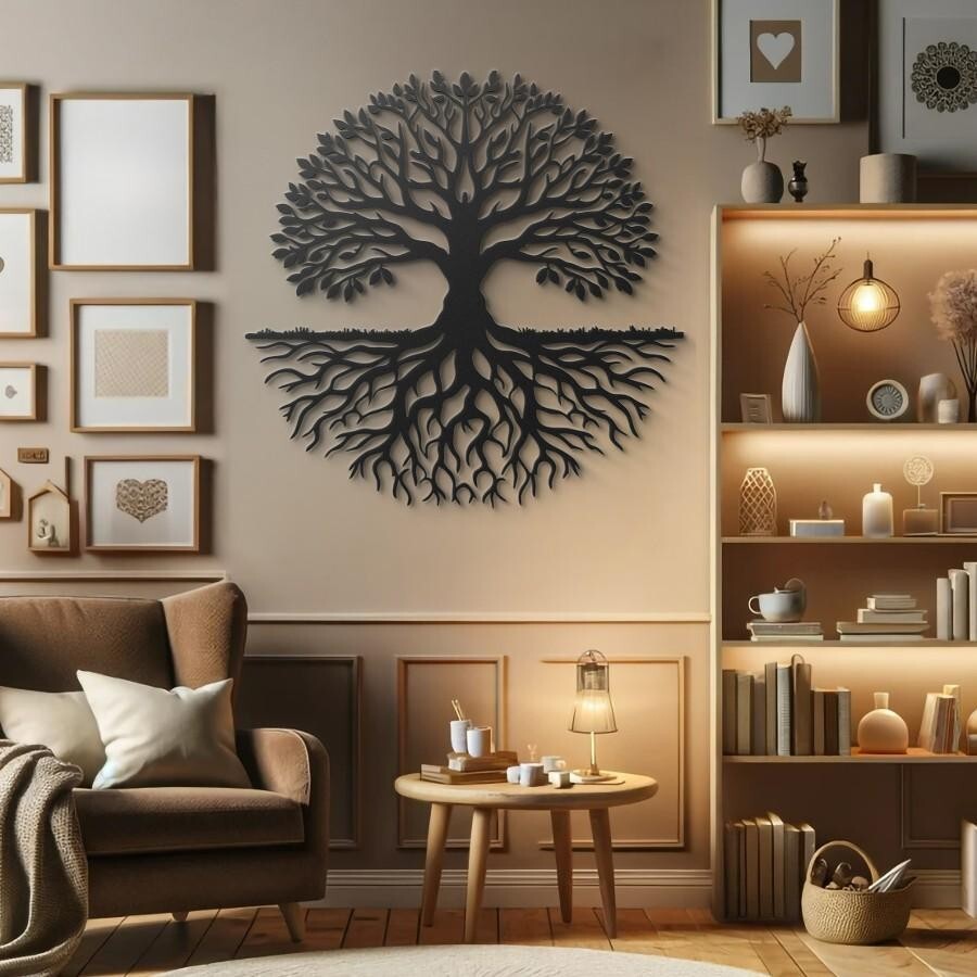 Metal Tree of Life with Roots Round Rustic Framehouse Decor Nature Inspired Tree