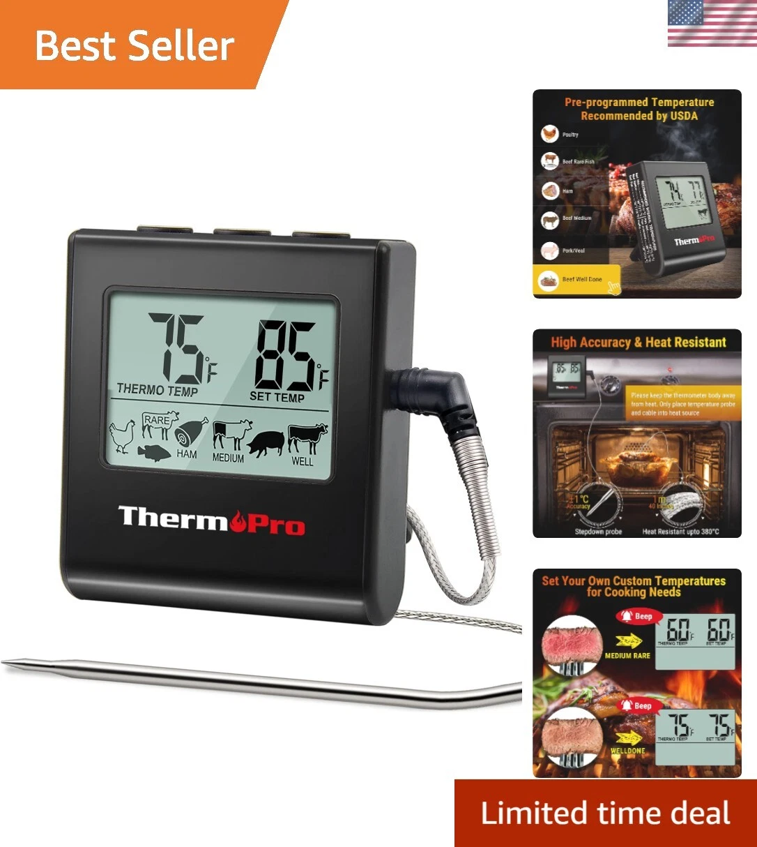 TP16 Large LCD Digital Meat Thermometer for Cooking, Smoking, Grilling, BBQ F...