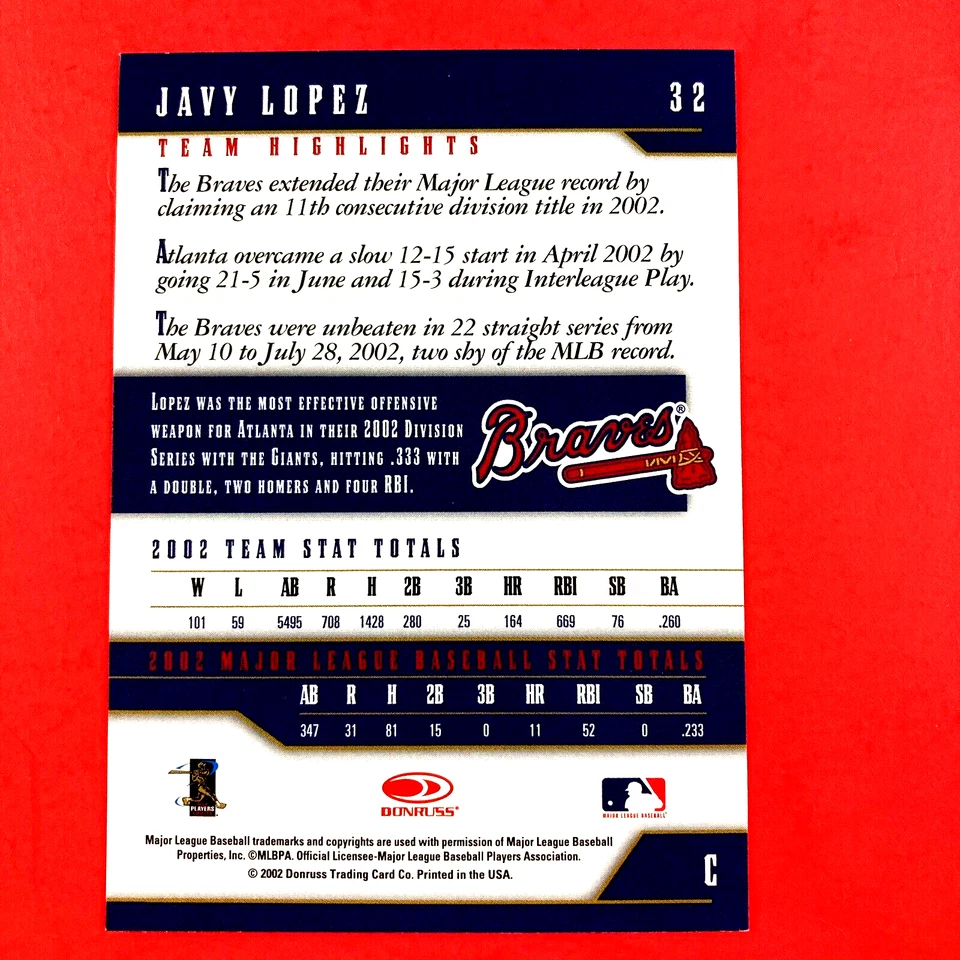 Javy Lopez 2003 Donruss Team Heroes Card #32 MLB Atlanta Braves - Image 2 of 2