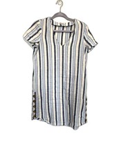 Madewell Dress Womens Extra Small Blue White Striped Linen Button Detail Summer