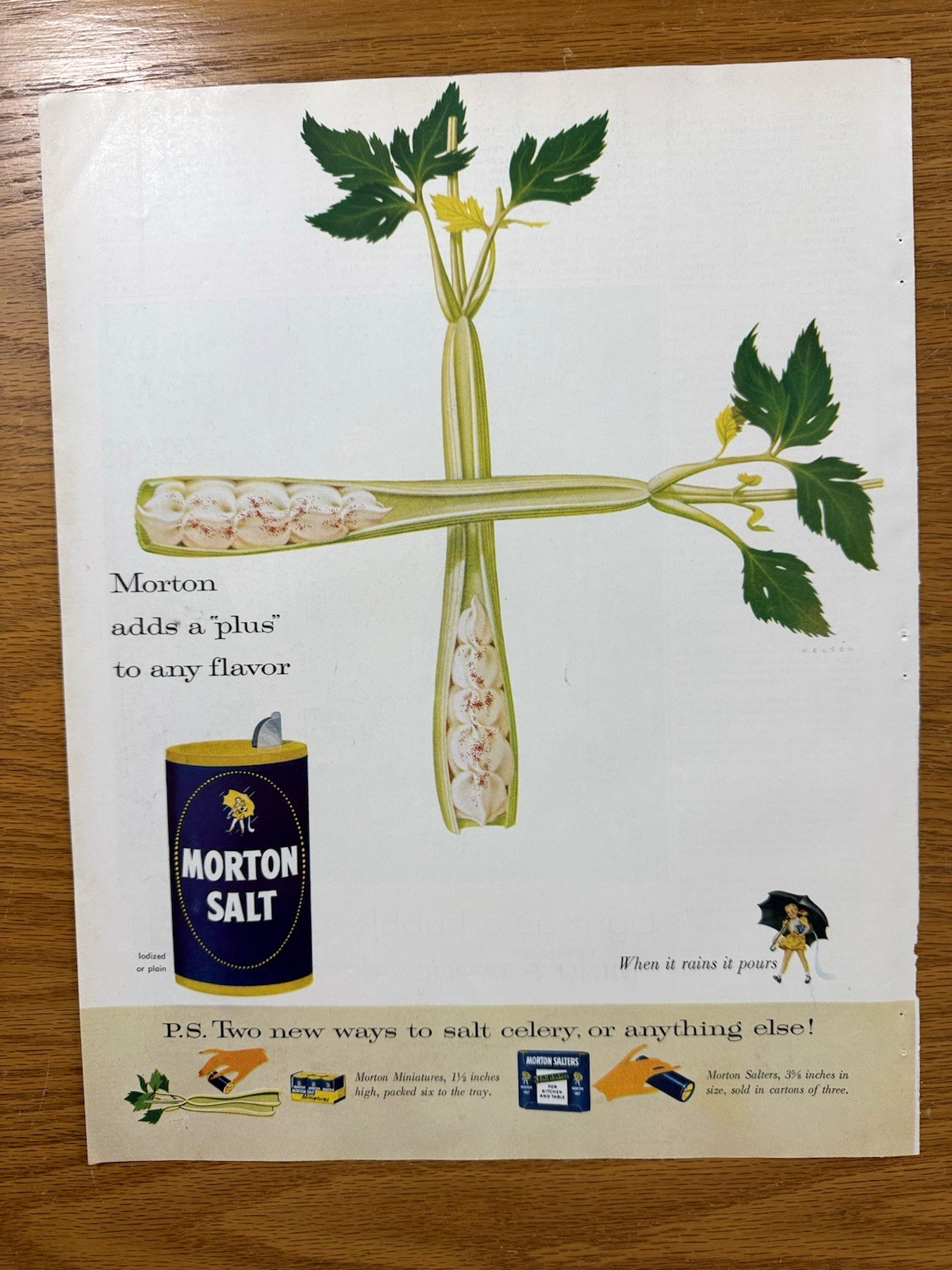 1950s magazine print ad for Morton Salt featuring an illustrated stalk of celery