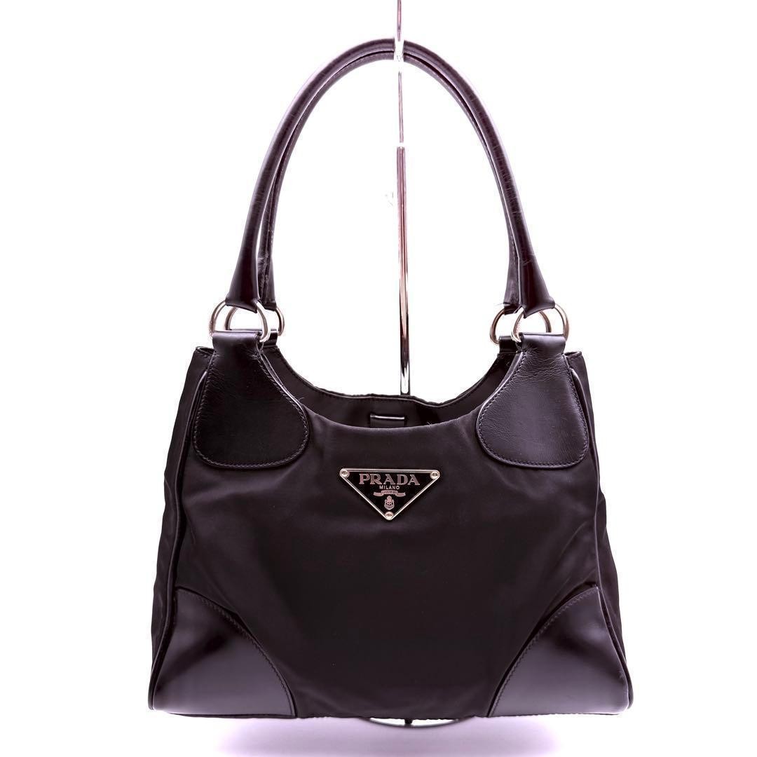 PRADA Nylon Leather Hobo Shoulder Bag Womens Black Big Triangle Logo Authentic