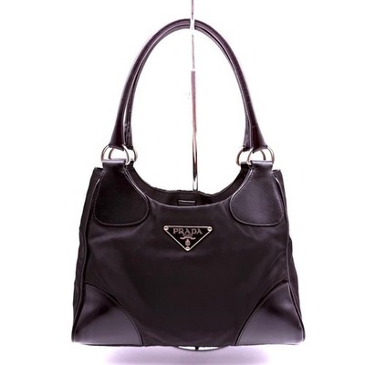 PRADA Nylon Leder Hobo Schultertasche Damen schwarz großes Dreieck Logo authe...