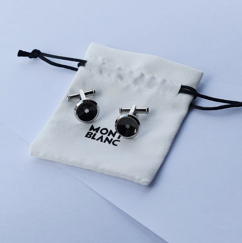 Abotoaduras Montblanc Star formato redondo em aço inoxidável incrustação de resina preta sem caixa - Imagem 2 de 4