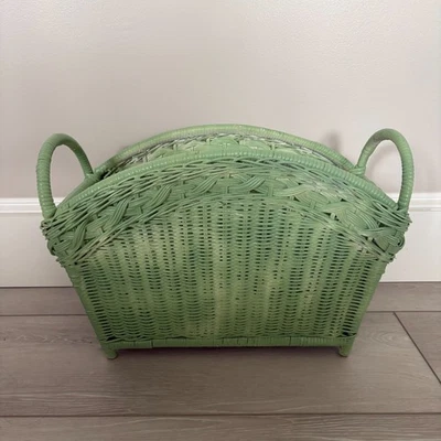 Vintage Jade Green & White Woven Wicker Rattan Magazine Rack Basket w/ Handles - Image 1 of 4
