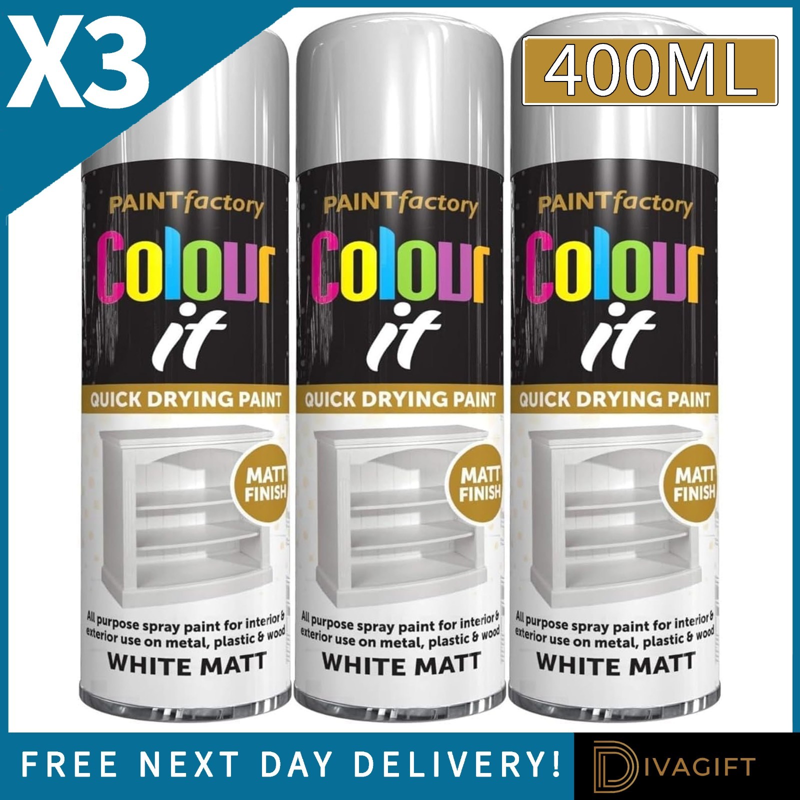 3 x WHITE MATT FINISH SPRAY PAINT 400ML MULTI PURPOSE FAST DRYING COLOUR IT NEW