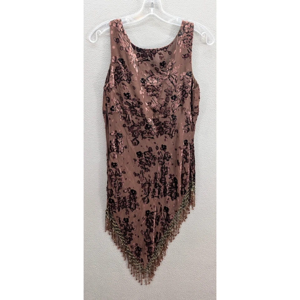 Женская бархатная майка Burnout с цветочным бисером асимметричный подол бахрома коричневая XS? - Изображение 2 из 4