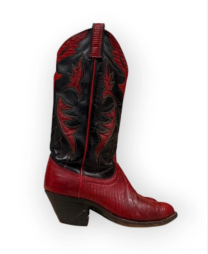 Винтажные женские кожаные сапоги вестерн Dan Post цвет черный/красный с пламенем размер 7C 7011B - Изображение 3 из 4