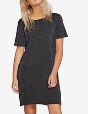 VOLCOM Efing Sweet Mini Dress Sz M Black Navy Metallic Short Sleeve Viscose Knit
