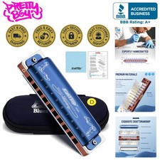 Diatonic Harmonica Key of D - 10 Holes, 20 Tones, Blue Case  Cleaning Cloth