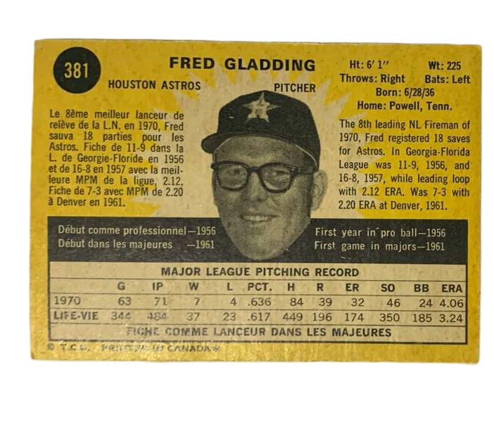 #381 Fred Gladding 1971 O-Pee-Chee Baseball Card - Image 2 of 2