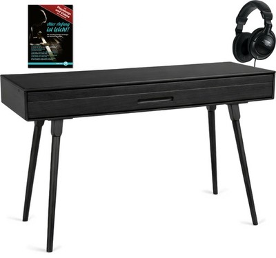 Eleganter Tisch in Schwarz matt mit Zubehör, der sich in ein Piano verwandelt