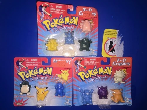 POKEMON  Lot Of 3 New Vintage 1999 Toy Island Nintendo 3D Erasers Stationary Set