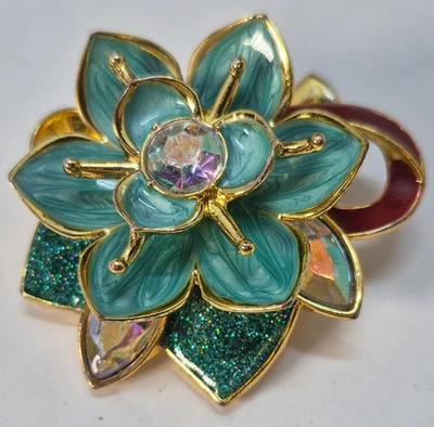 REOHC EN QUHI Gold Tone Metal Flower Hair Clip Rhinestone Glitter Blue Green - Image 1 of 4