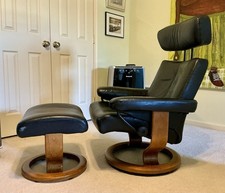 VTG Ekornes Stressless BLK Leather Swivel Recliner Chair W/Headrest  Ottoman