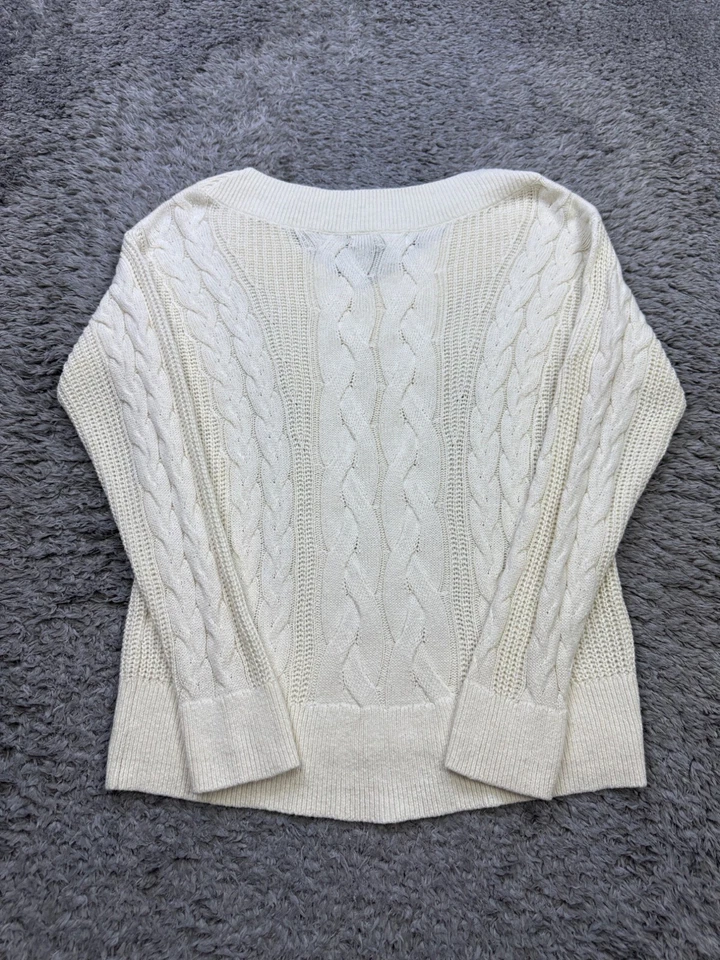 Suéter Banana Republic Mujer Pequeño Marfil Mezcla Cáñamo Grueso Cable Tejido Pescador Foto 2 de 4