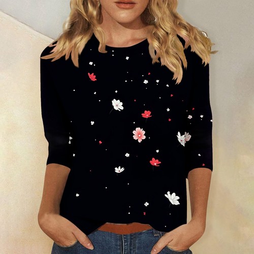 Women's Fashion Casual Three-quarter Sleeve Floral Print Neck Top - Picture 25 of 42