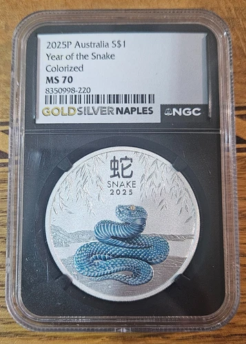 2025 P Australia .9999 Silver Lunar Year of the Snake NGC MS70 1oz $1 color blue