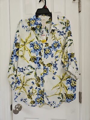 Joie Women's 100% Linen 1X Button Down Shirt Tropical Blue White Floral Print 