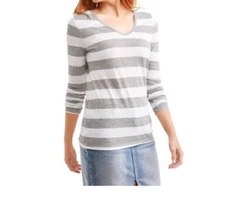Faded Glory Womens Gray Heather Stripe Long Sleeve V-Neck T-Shirt Size XXL (20)