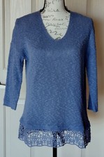 Ann Taylor LOFT Blue Cotton Knit Sweater with Crochet Lace Hem M