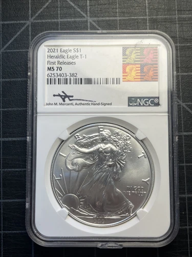 USA 2021 American Silver Eagle Heraldic T-1 First Releases NGC MS70 Mercanti Sig