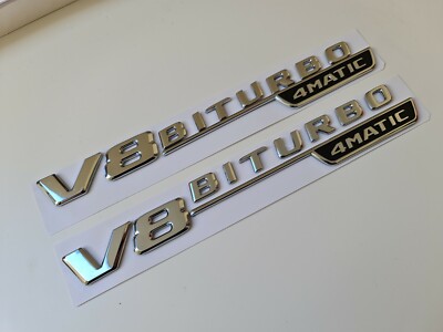 Pair of V8 Biturbo 4matic side wing badge emblem silver chrome for Mercedes amg