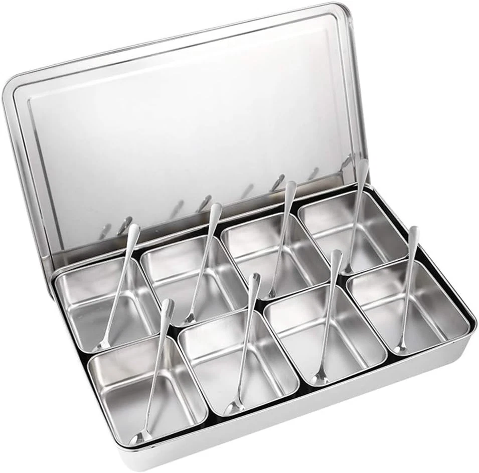 Stainless Steel Spice Container Set with 8 Grids for Kitchen Organization