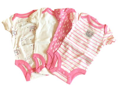 LAMAZE Organic Cotton 3M Pink 4 Pc Set Cat Dot Stripe Bodysuits One Piece NWT