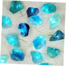  Natural Fluorite String Lights Battery Operated with Remote Sea Glass Raw Blue
